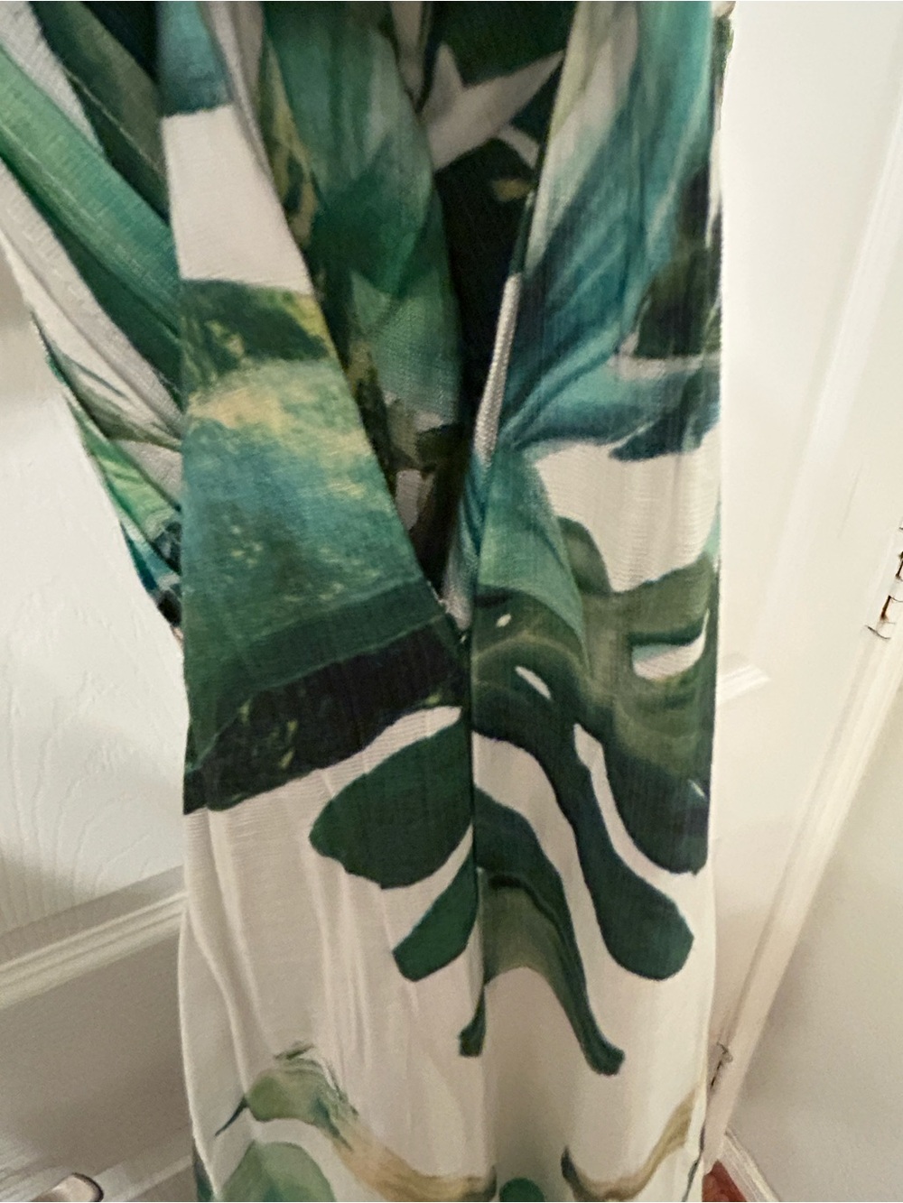 A. Peach Tropical Leaf Halter Wide Leg Jumpsuit with Pockets - Picture 10 of 11